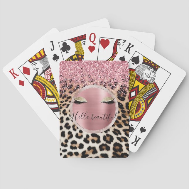 Glitzy Pink Glitter Gold Eyelashes Leopard     Poker Cards (Back)