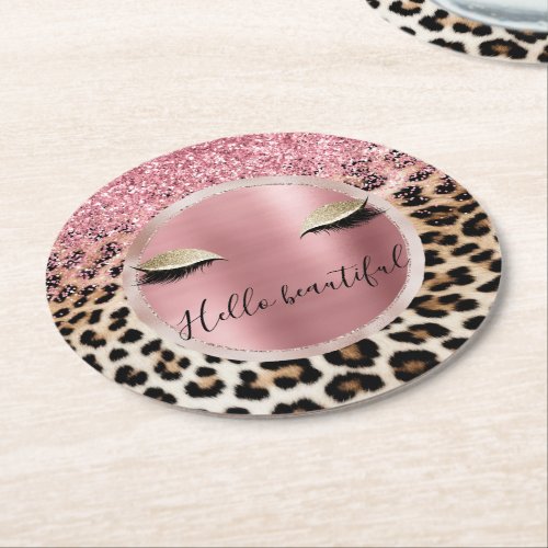 Glitzy Pink Glitter Gold Eyelashes Leopard     Round Paper Coaster