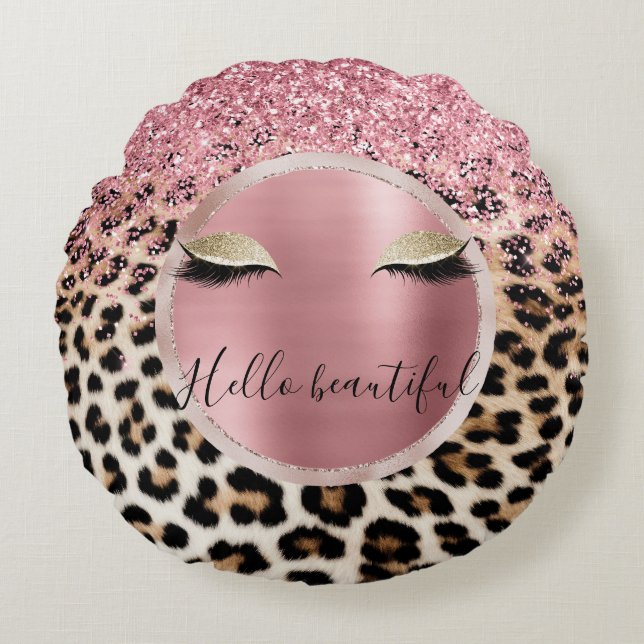 Glitzy Pink Glitter Gold Eyelashes Leopard     Round Pillow (Front)