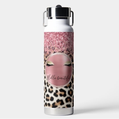 Glitzy Pink Glitter Gold Eyelashes Leopard     Water Bottle