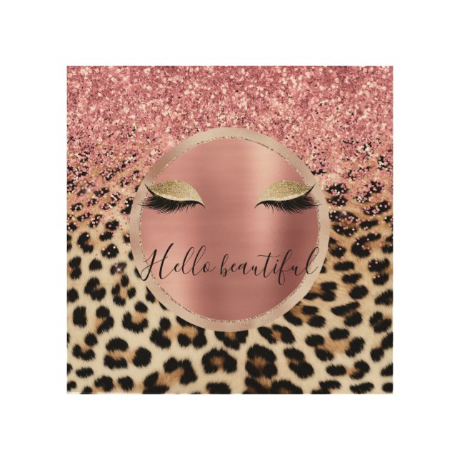 Glitzy Pink Glitter Gold Eyelashes Leopard     Wood Wall Art (Front)