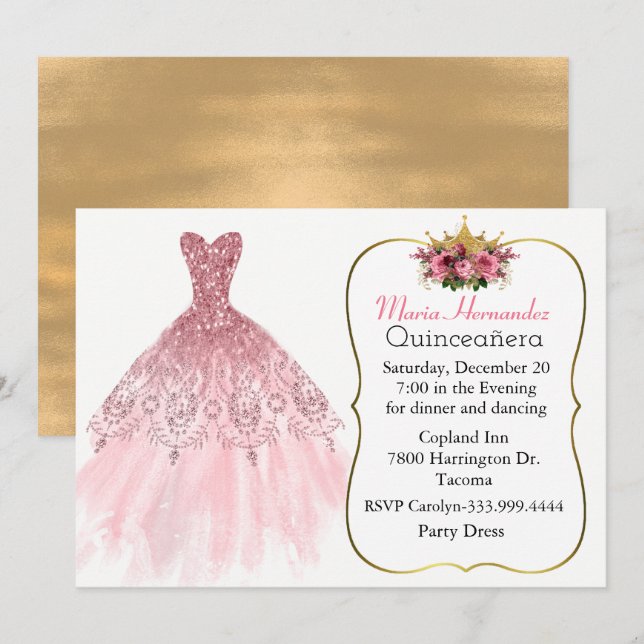 Glitzy Pink Gown Quinceañera Invitation (Front/Back)