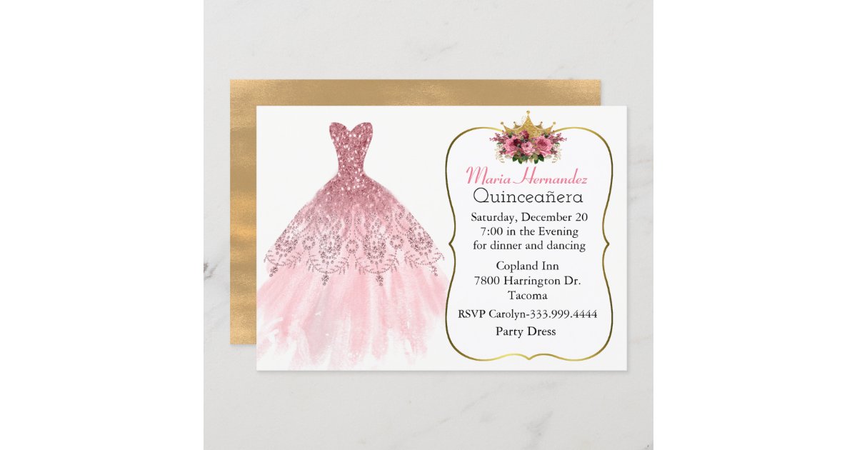 Glitzy Pink Gown Quinceañera Invitation | Zazzle