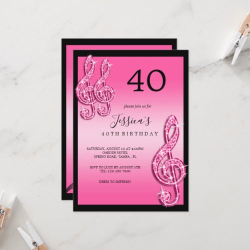 Glitzy Pink Music Notes Birthday Invitation