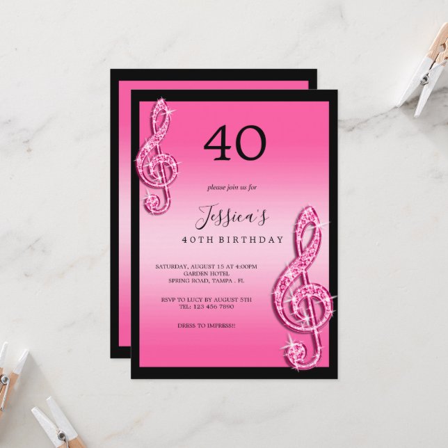 Glitzy Pink Music Notes Birthday Invitation (Front/Back In Situ)