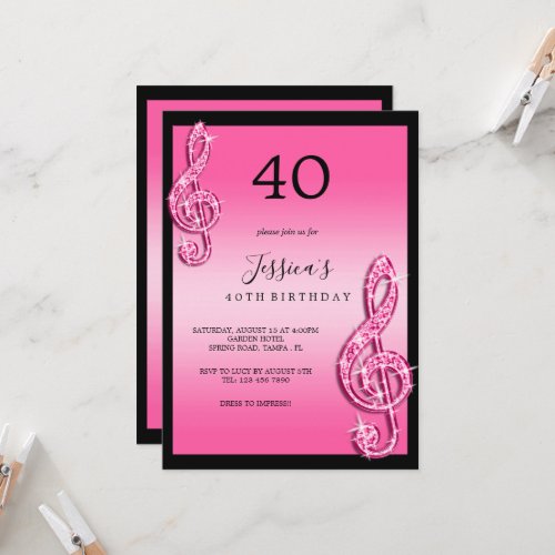 Glitzy Pink Music Notes Birthday Invitation