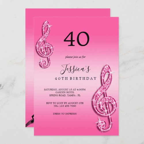 Glitzy Pink Music Notes Birthday Invitation