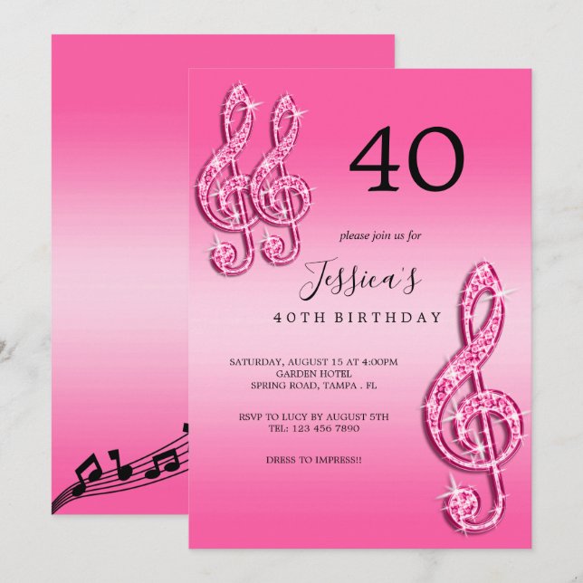 Glitzy Pink Music Notes Birthday Invitation (Front/Back)