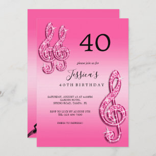 Glitzy Pink Music Notes Birthday Invitation