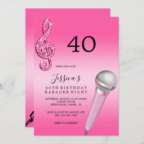 Glitzy Pink Music Notes  Micro Karaoke Birthday Invitation