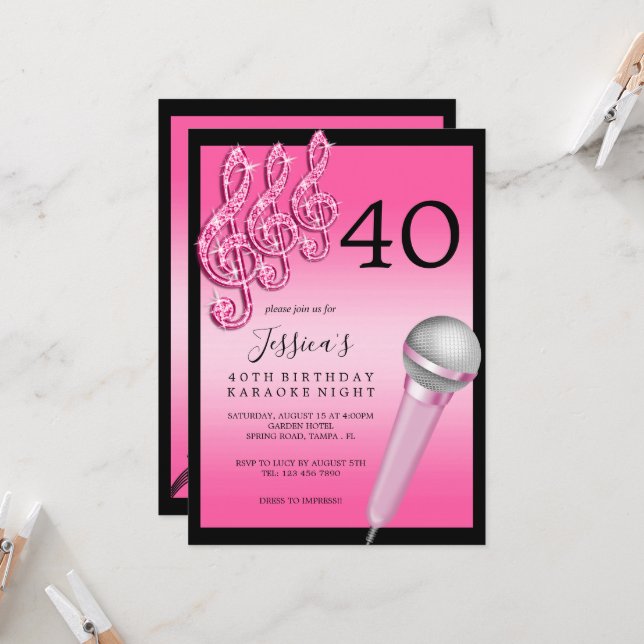 Glitzy Pink Music Notes & Micro Karaoke Birthday Invitation (Front/Back In Situ)