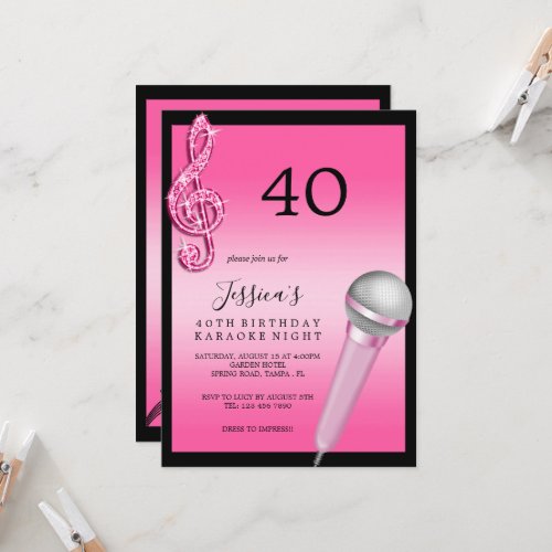 Glitzy Pink Music Notes  Micro Karaoke Birthday Invitation