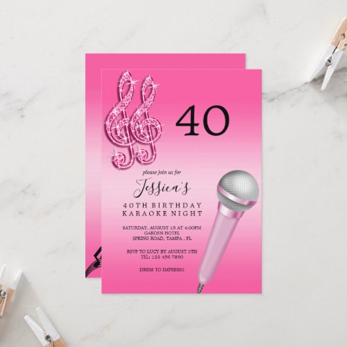 Glitzy Pink Music Notes  Micro Karaoke Birthday Invitation