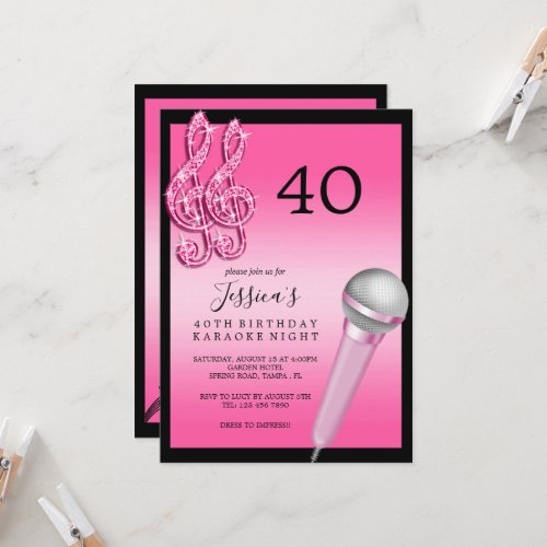 Glitzy Pink Music Notes  Micro Karaoke Birthday Invitation