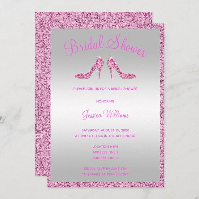 Glitzy Pink Sequins & Stilettos Bridal Shower Invitation (Front/Back)