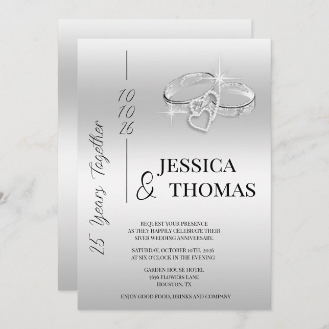 Glitzy Posh 25th Silver Wedding Anniversary Invitation (Front/Back)