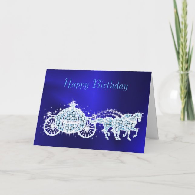 Glitzy Princess Blue Coach & Horses Birthday Card (Front)