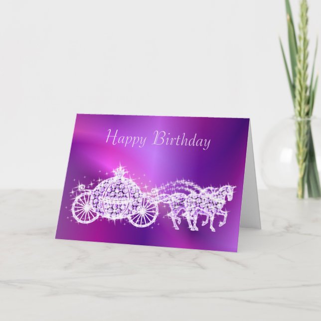 Glitzy Princess Purple Coach & Horses Birthday Card (Front)