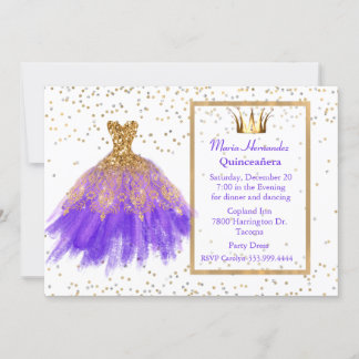 Glitzy Purple and Gold Gown Quinceañera Invitation