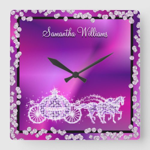 Glitzy Purple Princess Coach  Horses Square Wall Clock