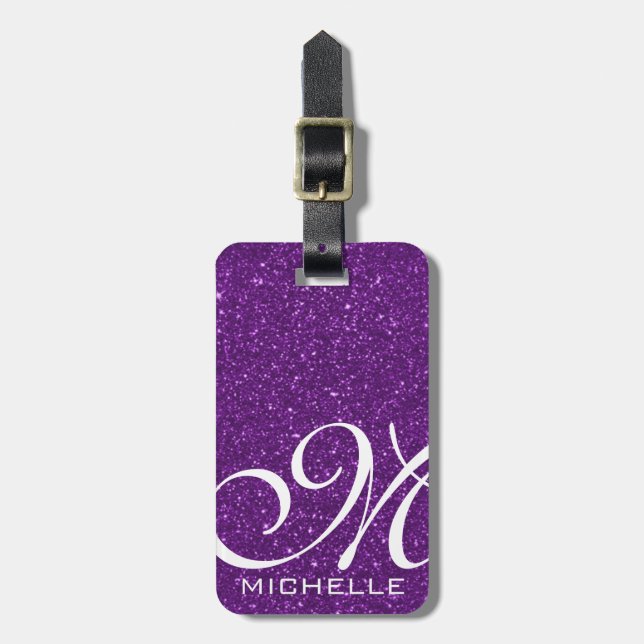 Glitzy Purple Script Monogrammed Luggage Tag (Front Vertical)