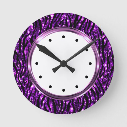 Glitzy Purple Zebra Animal Pattern Round Clock