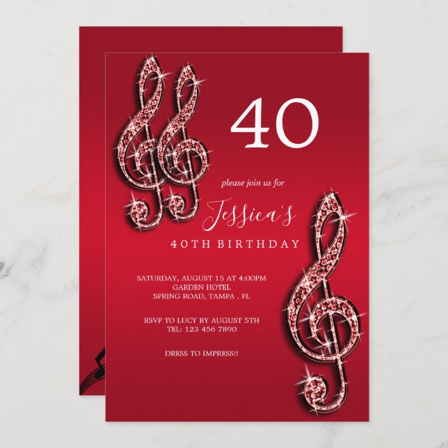 Glitzy Red Music Notes Birthday Invitation (Front/Back)