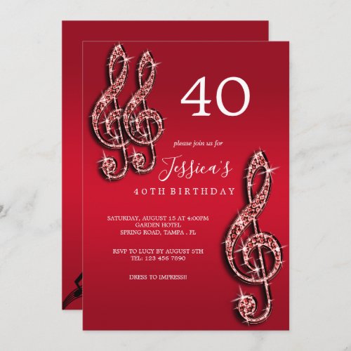 Glitzy Red Music Notes Birthday Invitation