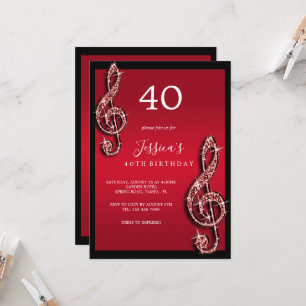 Glitzy Red Music Notes Birthday Invitation