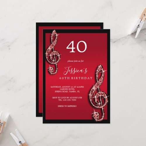 Glitzy Red Music Notes Birthday Invitation