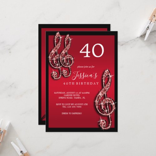 Glitzy Red Music Notes Birthday Invitation