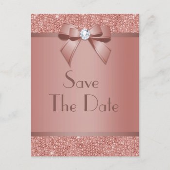 Glitzy Rose Gold Bow & Gem Birthday Party Announcement Postcard by Sarah_Designs at Zazzle