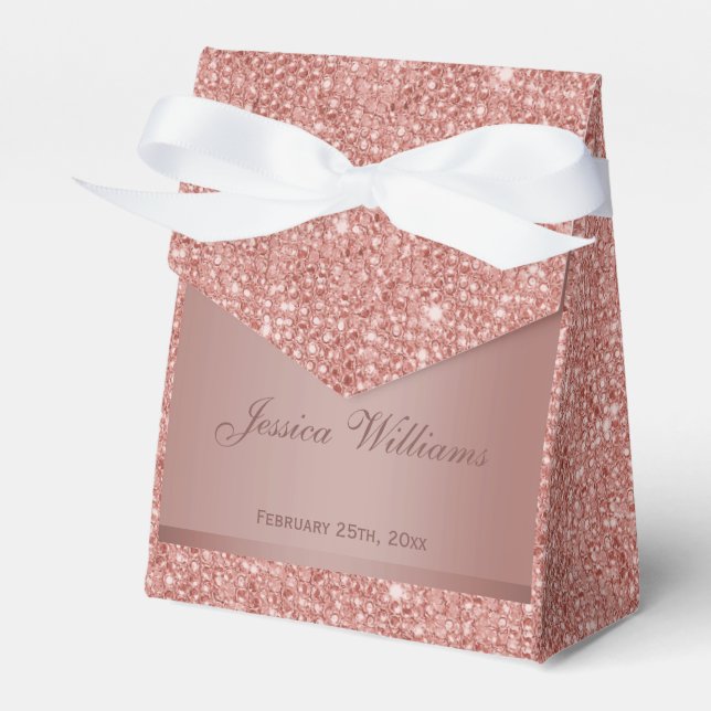 Glitzy Rose Gold Bow & Gem Birthday Party Favor Boxes (Front Side)