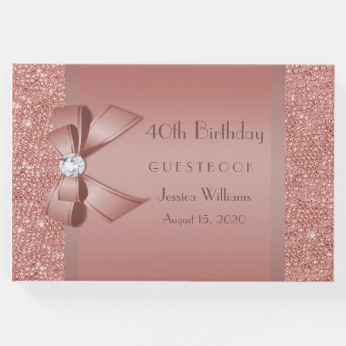 Glitzy Rose Gold Bow  Gem Birthday Party Guest Book