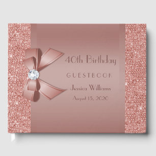 Glitzy Rose Gold Bow & Gem Birthday Party Guest Book