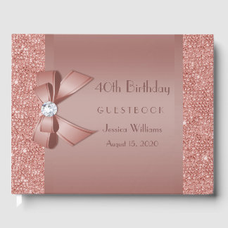Glitzy Rose Gold Bow & Gem Birthday Party Guest Book