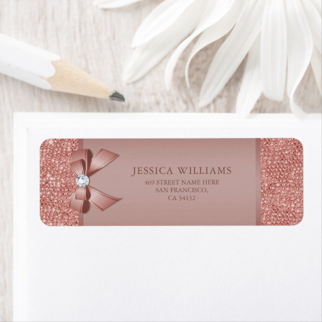 Glitzy Rose Gold Bow & Gem Birthday Party Label (Insitu)