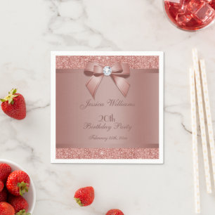 Glitzy Rose Gold Bow & Gem Birthday Party Napkins
