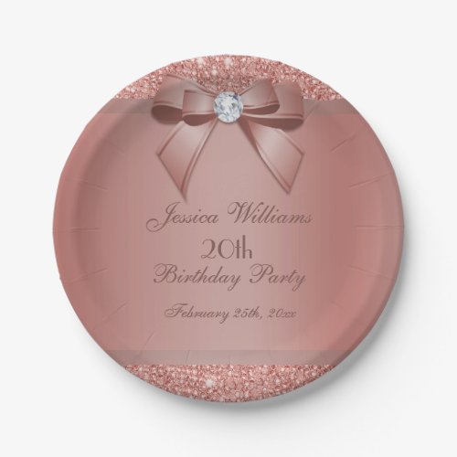 Glitzy Rose Gold Bow  Gem Birthday Party Paper Plates