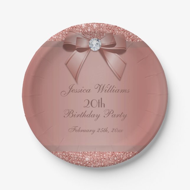 Glitzy Rose Gold Bow & Gem Birthday Party Paper Plates (Front)