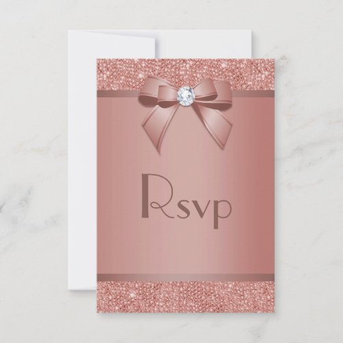 Glitzy Rose Gold Bow  Gem Birthday Party RSVP Card