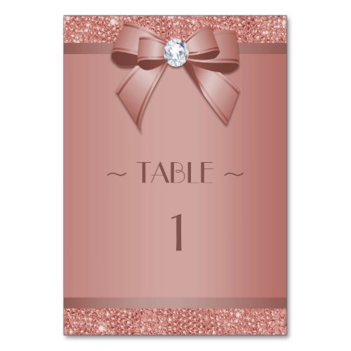 Glitzy Rose Gold Bow  Gem Birthday Party Table Number