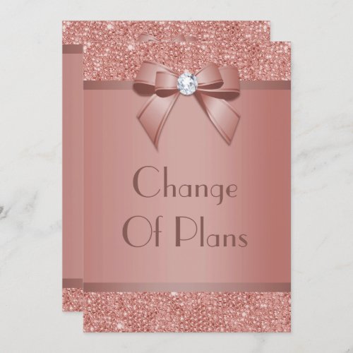 Glitzy Rose Gold Bow  Gem Change Of Plans Invitation