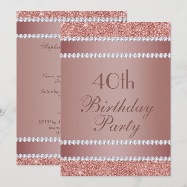 Glitzy Rose Gold & Diamond Gem Birthday Party Invitation (Front/Back)