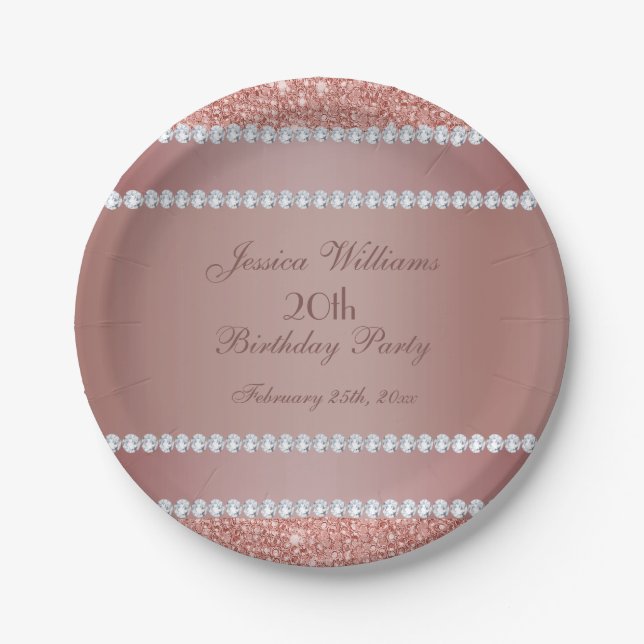 Glitzy Rose Gold & Diamond Gem Birthday Party Paper Plates (Front)