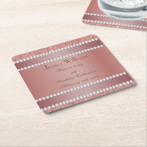 Glitzy Rose Gold  Diamond Gem Birthday Party Square Paper Coaster