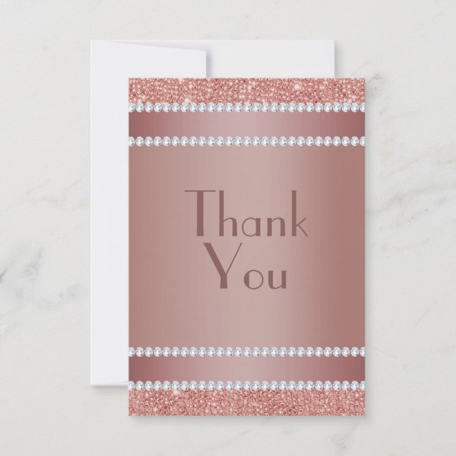 Glitzy Rose Gold & Diamond Gem Birthday Party Thank You Card (Front)