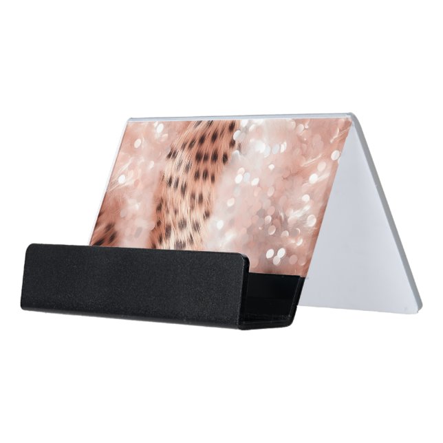 Glitzy Rose Gold Sparkle Cheetah Desk Business Card Holder (Angled Front)