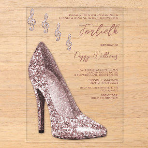 Glitzy Rose Gold Stiletto & Music Notes 40th Acrylic Invitations