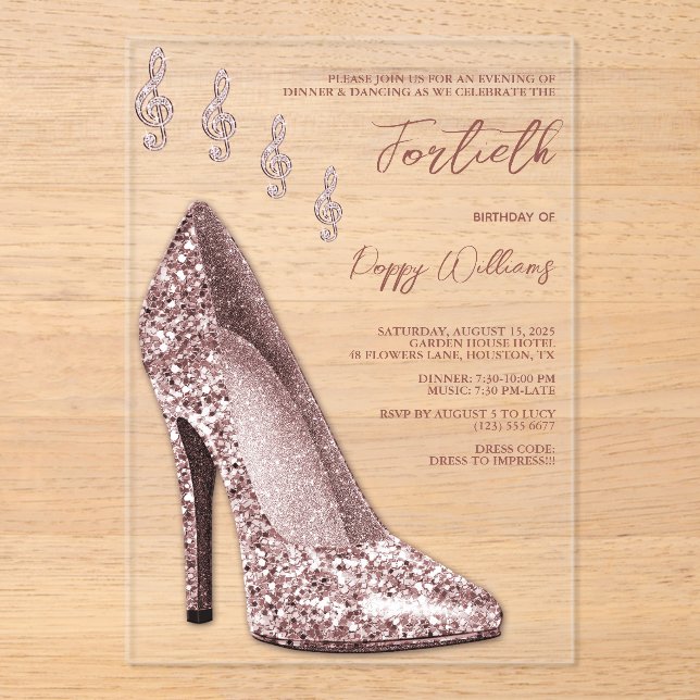 Glitzy Rose Gold Stiletto & Music Notes 40th Acrylic Invitations (Front)